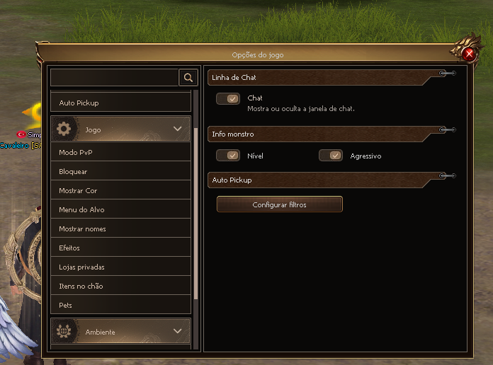 Opções do jogo com controlos de chat, nível e agressividade dos monstros e botão de configuração dos filtros de Auto Pickup