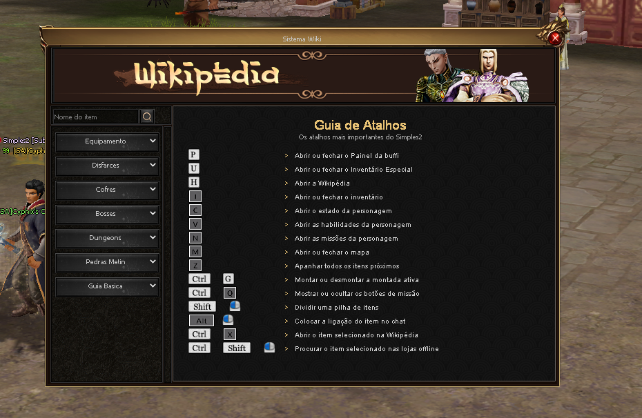 Wikipédia integrada aberta no Guia de Atalhos, com categorias de itens e desafios